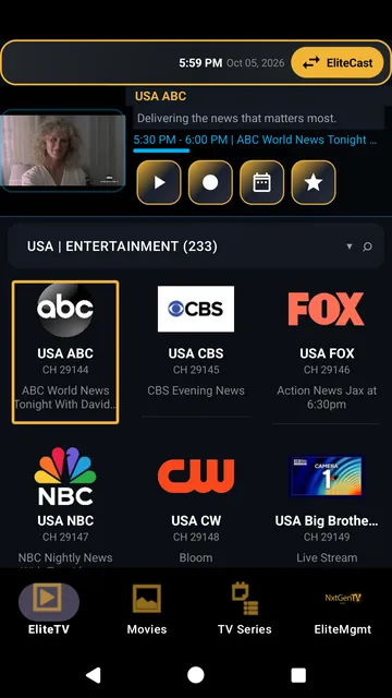 Phone screen: live TV, with the selected channel's current show above a grid of channels.