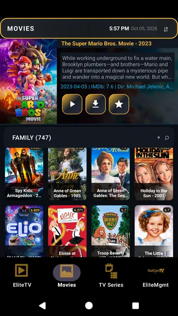 Phone screen: the film library, with the selected film's details above a grid of posters.