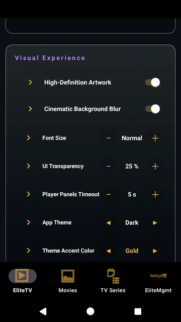 Phone screen: the visual settings, with artwork, blur, font size, transparency, theme and accent colour.