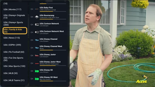 TV screen: the channel list, grouped by category, open beside the channel that is playing.